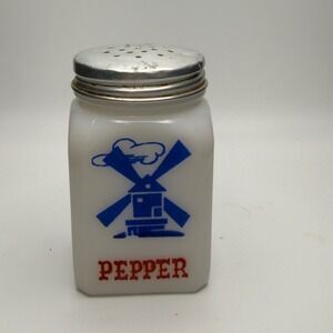 Vintage Hazel Atlas Milk Glass Windmill Pepper Shaker White Blue Red Farmhouse